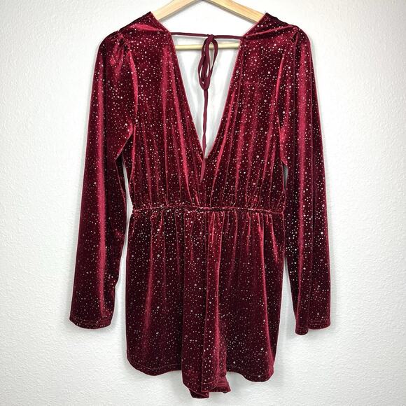 Lulus Wine Red Velvet‎ Sparkly Long Sleeve Romper Size M Stretch Tie High Waist - Picture 2 of 10